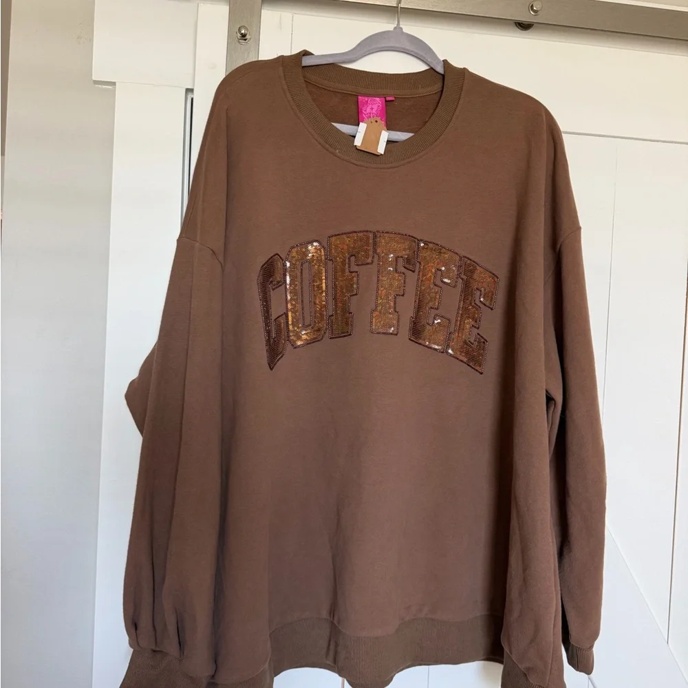 Queen Of Sparkles Brown Sequin 'Coffee' Sweatshirt& Shorts Set - Picture 1 of 2